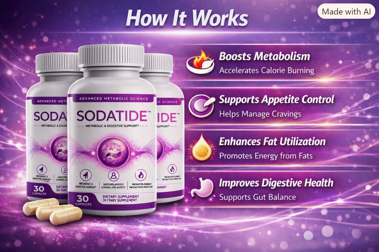 Diagram showing Sodatide 3-step synbiotic mechanism for gut health and metabolism